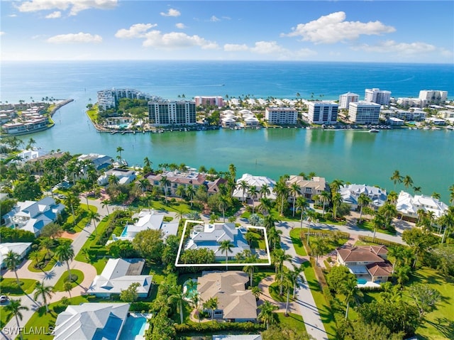 drone / aerial view with a water view