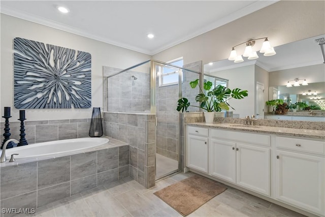 bathroom with tile patterned flooring, ornamental molding, vanity, and independent shower and bath