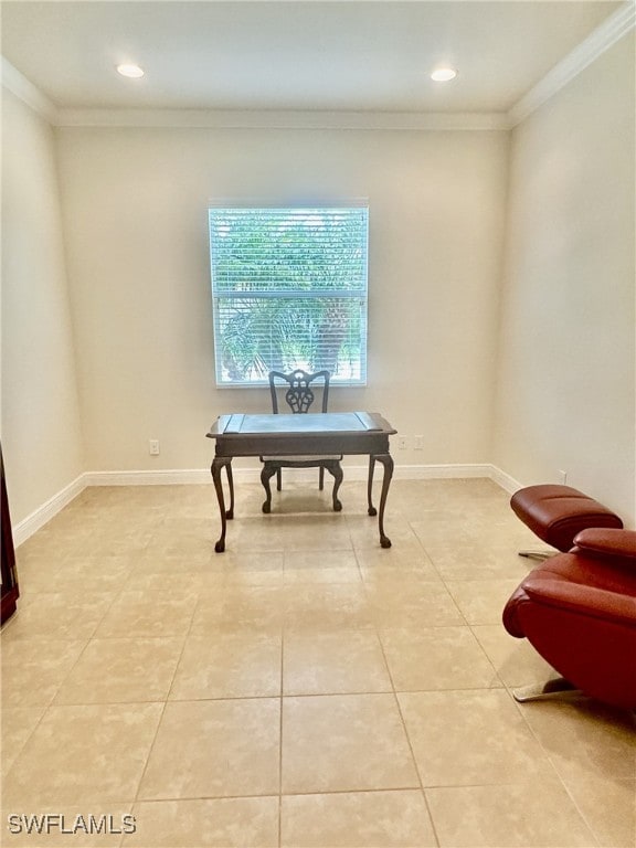 interior space with crown molding and light tile patterned floors