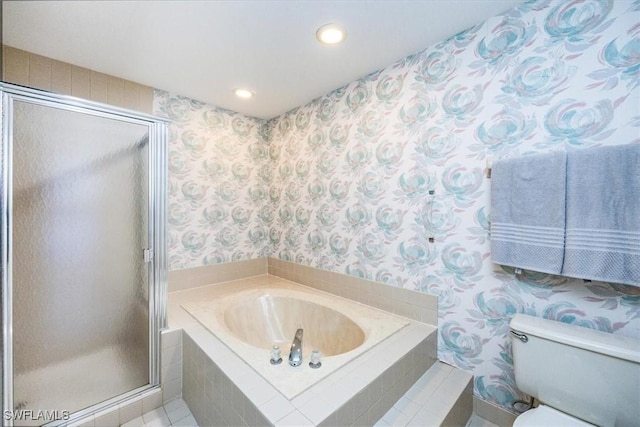 bathroom with tile patterned floors, toilet, and plus walk in shower