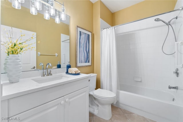 full bathroom with toilet, vanity, tile patterned floors, and shower / bathtub combination with curtain