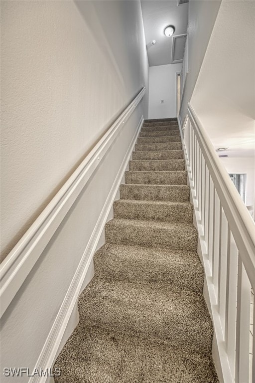 staircase featuring carpet