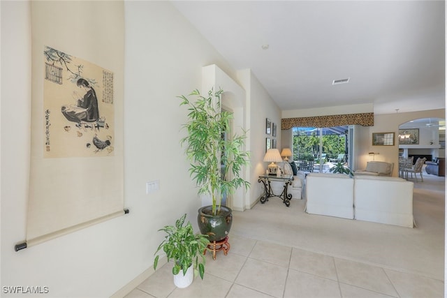 living room with light colored carpet