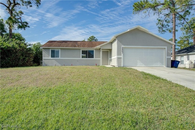 ranch-style house with a garage and a front lawn