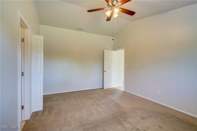 unfurnished room with light carpet, ceiling fan, and lofted ceiling