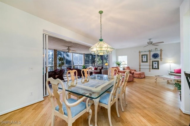 dining area with ceiling fan and hardwood / wood-style floors