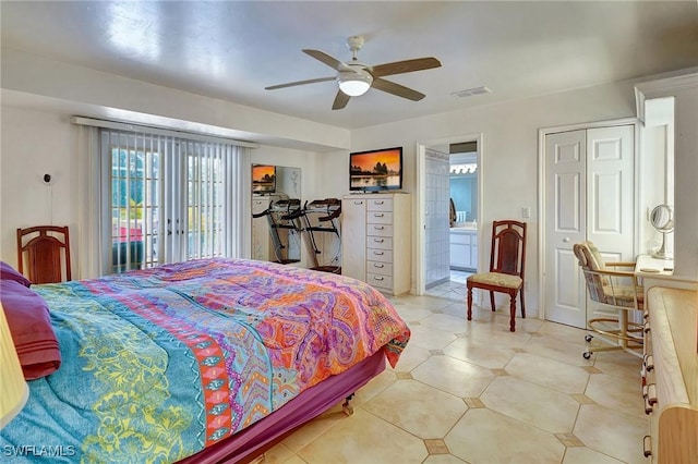 bedroom with ceiling fan and ensuite bathroom