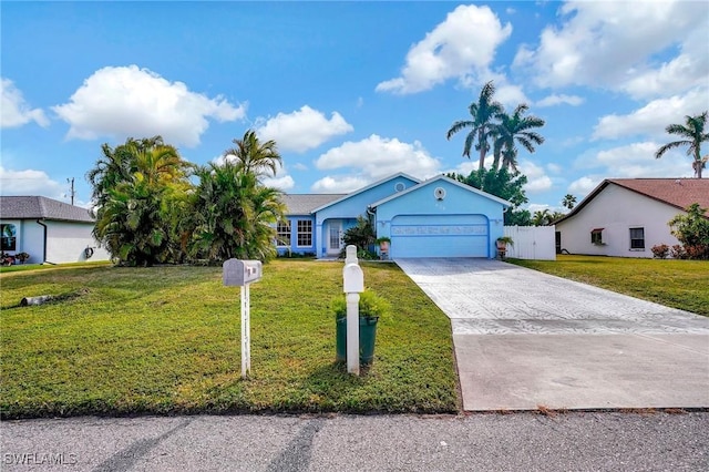 single story home featuring a front lawn and a garage