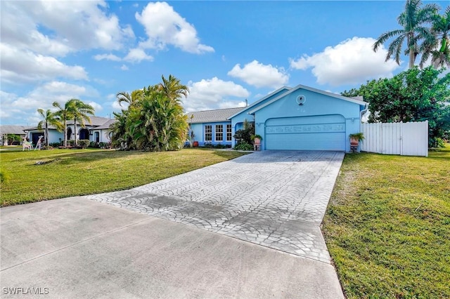 single story home featuring a garage and a front yard