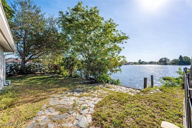 view of yard with a water view and a boat dock