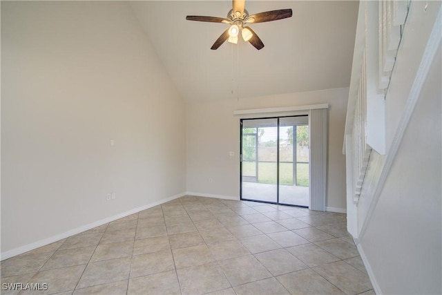 unfurnished room featuring ceiling fan, high vaulted ceiling, and light tile patterned floors