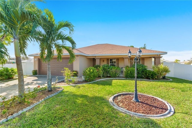 single story home with a garage and a front lawn