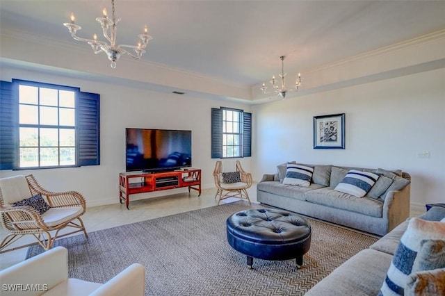 tiled living room featuring a tray ceiling, a notable chandelier, crown molding, and plenty of natural light