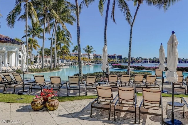 view of patio with a water view