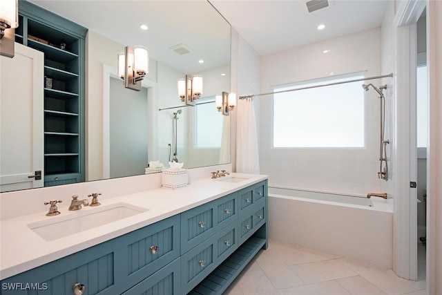 bathroom with tile patterned flooring, vanity, and shower / bathtub combination with curtain