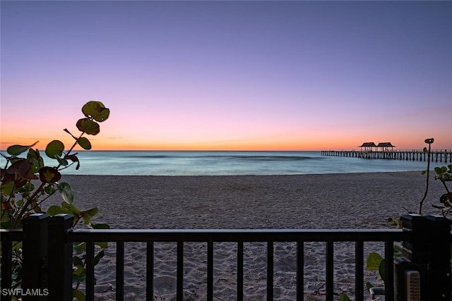 property view of water featuring a beach view