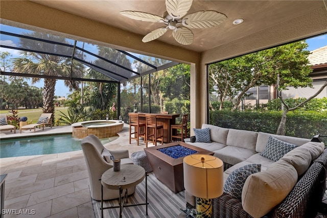 sunroom / solarium with ceiling fan