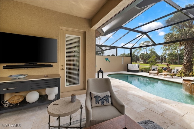 view of pool with an outdoor living space, a patio area, and glass enclosure