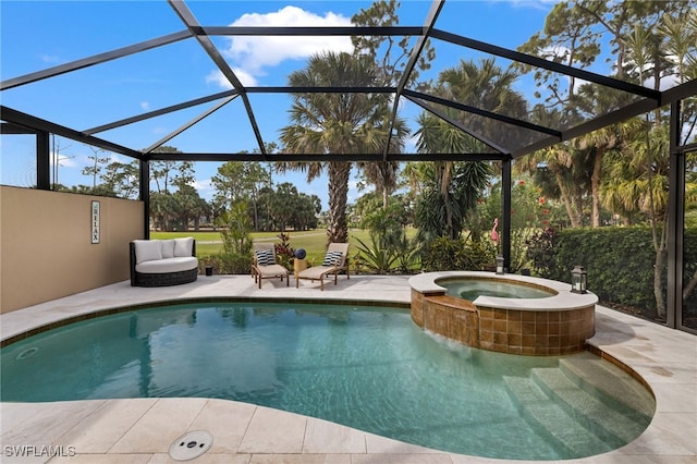 view of pool with glass enclosure, an in ground hot tub, and a patio