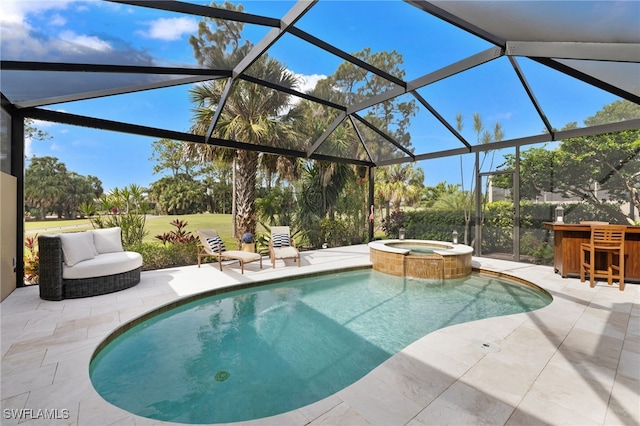 view of pool featuring glass enclosure, an outdoor bar, an in ground hot tub, and a patio area