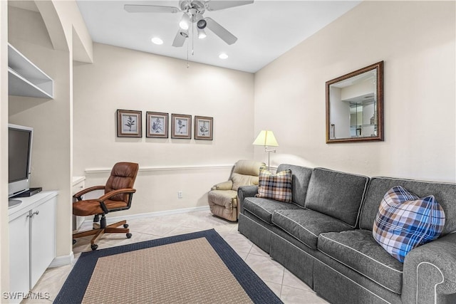 tiled living room featuring ceiling fan