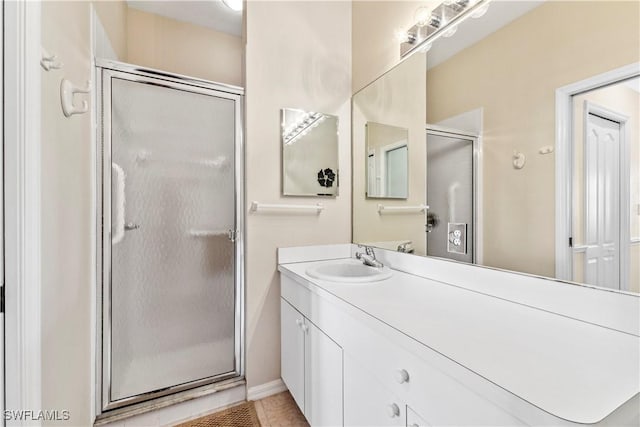 bathroom with vanity, tile patterned floors, and an enclosed shower