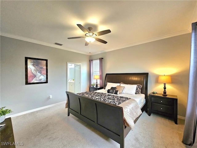 bedroom featuring connected bathroom, ceiling fan, light colored carpet, and ornamental molding