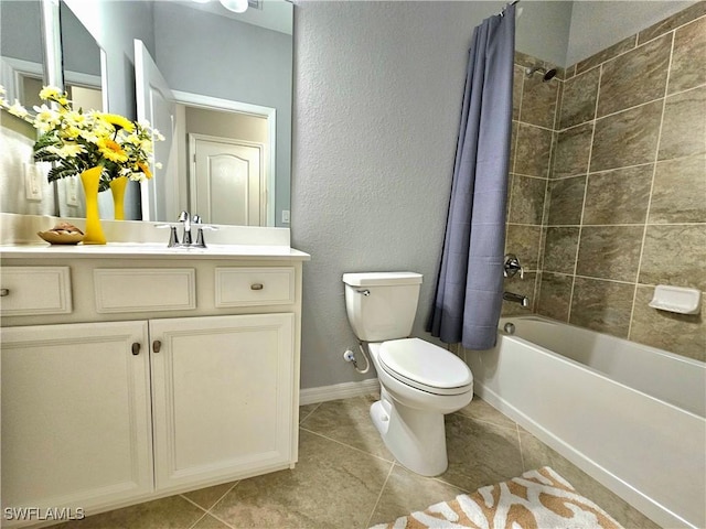 full bathroom featuring tile patterned flooring, vanity, shower / bath combination with curtain, and toilet