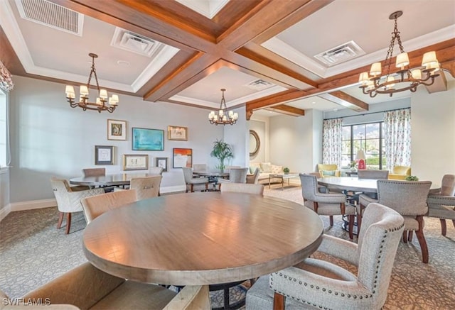 carpeted dining area featuring beamed ceiling, coffered ceiling, and ornamental molding