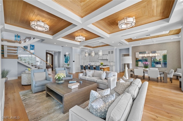 living room featuring beam ceiling, wooden ceiling, coffered ceiling, and light hardwood / wood-style floors