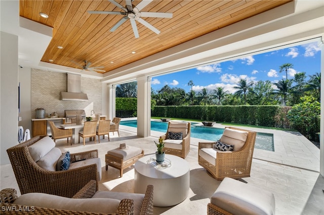 view of patio featuring a fenced in pool, area for grilling, ceiling fan, an outdoor hangout area, and outdoor dining area