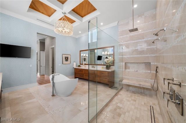 full bathroom featuring a chandelier, coffered ceiling, a tile shower, and vanity