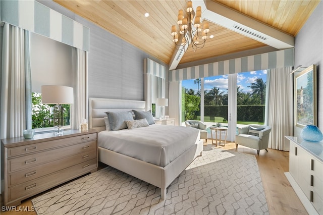 bedroom featuring access to exterior, light wood-style floors, wooden ceiling, and an inviting chandelier