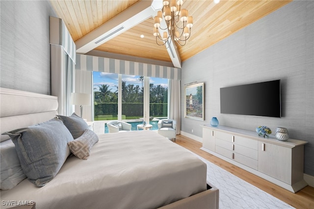 bedroom with vaulted ceiling, light wood-style flooring, a chandelier, and wood ceiling