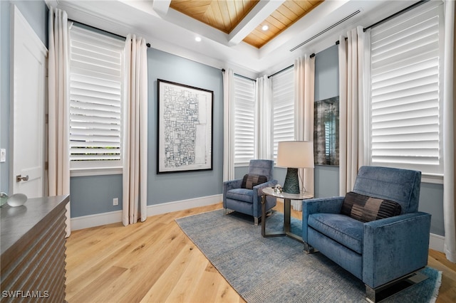 sitting room with recessed lighting, wood ceiling, baseboards, light wood finished floors, and a tray ceiling