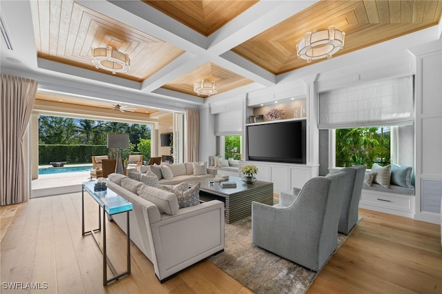 living area with light wood-type flooring, plenty of natural light, and coffered ceiling