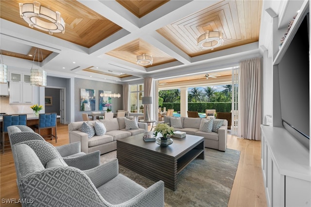 living room with light wood-type flooring and coffered ceiling