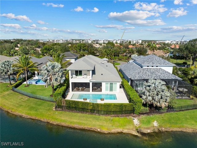 drone / aerial view featuring a water view