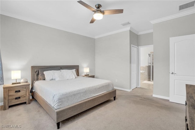 17250 Ashcomb Way, Estero, FL 33928 - bedroom featuring light carpet, baseboards, ornamental molding, a ceiling fan, and ensuite bath