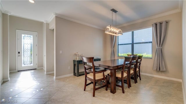 tiled dining area with crown molding