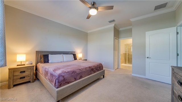 carpeted bedroom with ceiling fan, connected bathroom, and ornamental molding