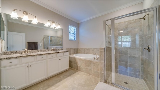 bathroom with tile patterned floors, vanity, crown molding, and separate shower and tub