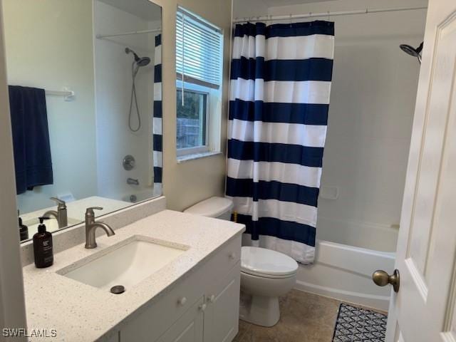 full bath with tile patterned flooring, vanity, toilet, and shower / tub combo with curtain