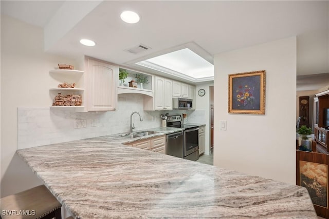 kitchen featuring white cabinetry, sink, stainless steel appliances, tasteful backsplash, and kitchen peninsula