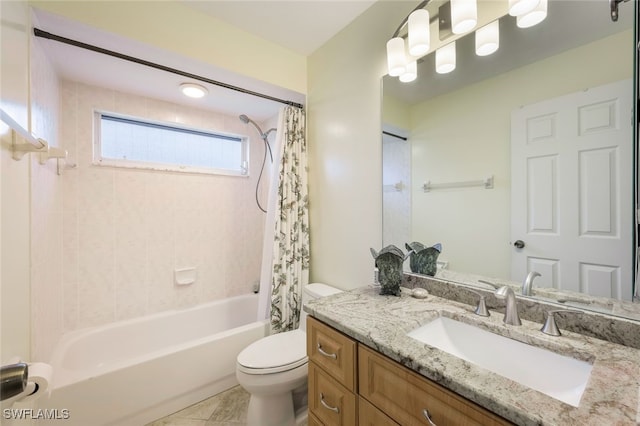 full bathroom with toilet, tile patterned flooring, vanity, and shower / tub combo with curtain