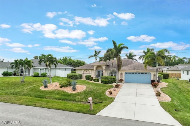 single story home featuring a garage and a front lawn