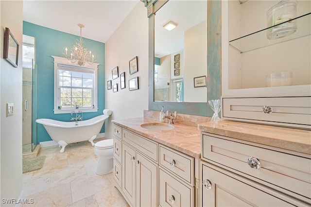 full bathroom featuring toilet, plus walk in shower, a chandelier, and vanity