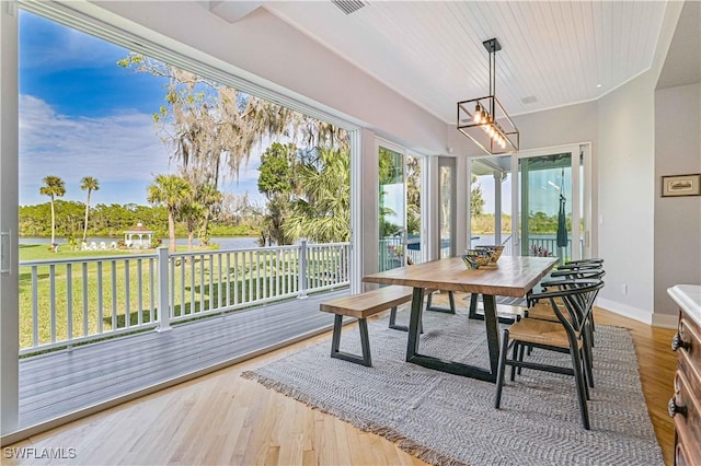 sunroom / solarium featuring wooden ceiling and a water view