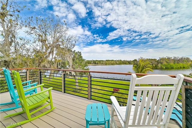 deck featuring a lawn and a water view