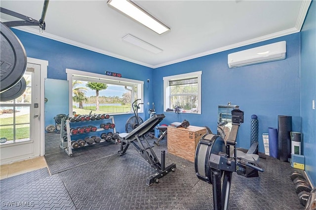 exercise room featuring crown molding and a wall unit AC